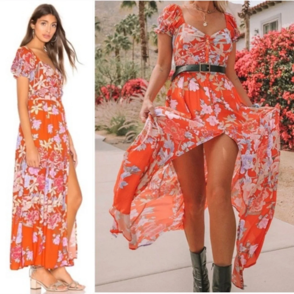 New Spell x Revolve Lily Gown Red Floral M Maxi Dress Ruched Designs Exclusive